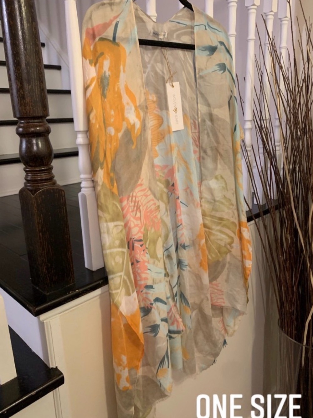 Woven Heart Floral Kimono Wrap in Orange, Gray, Pink and Blue